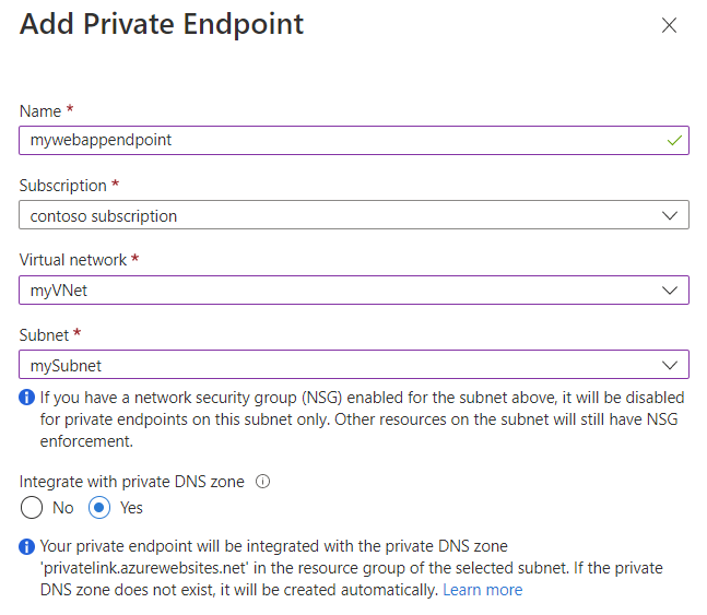 Screenshot of Add Private Endpoint page showing the settings used to create the private endpoint.