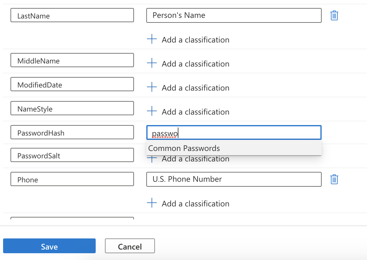 Screenshot showing how to add a classification to a column.