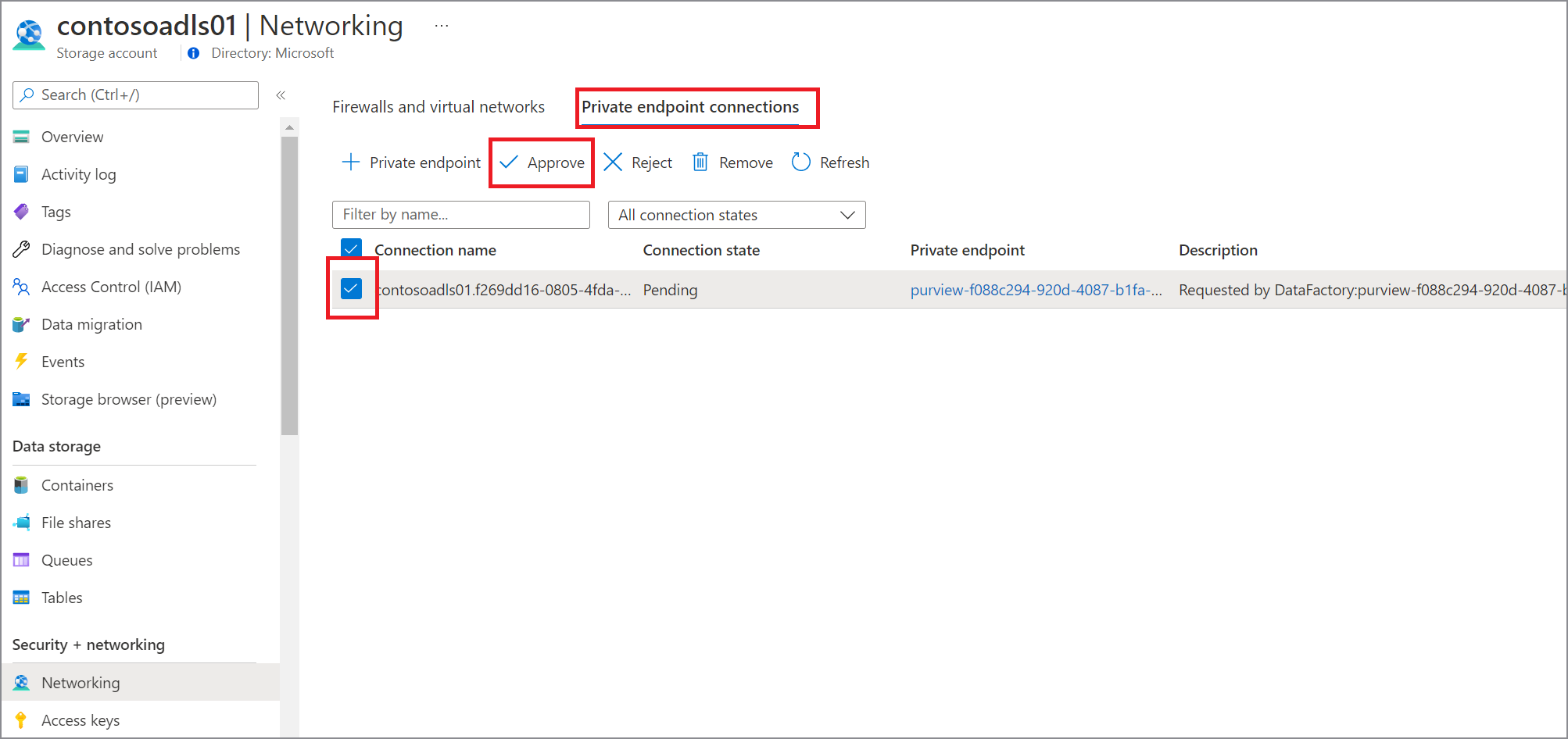 Screenshot that shows how to approve a  private endpoint for data sources in Azure portal