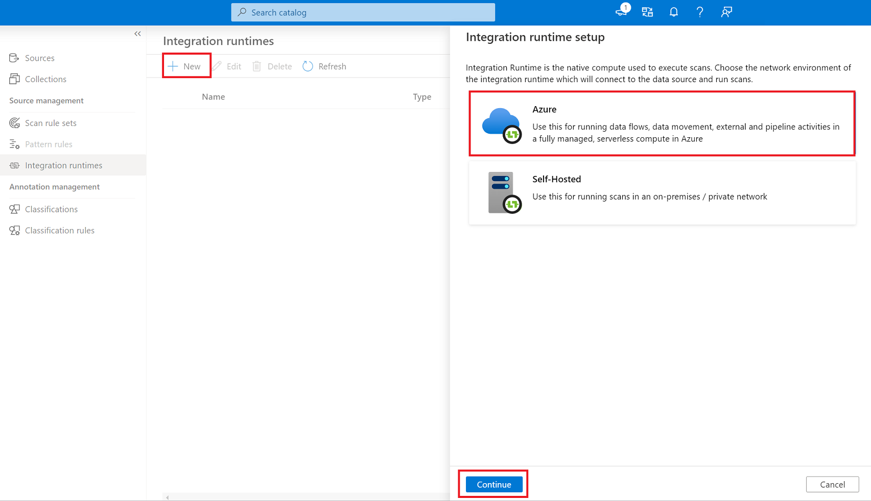 Screenshot that shows how to create new Azure runtime