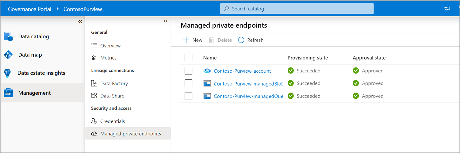 Screenshot that shows managed private endpoints in Microsoft Purview - approved 