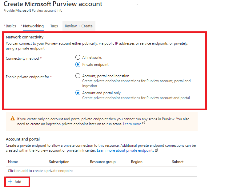 Screenshot that shows create private endpoint for account and portal page selections.