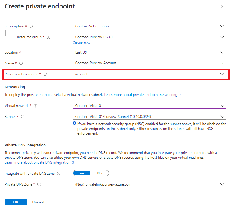 Screenshot that shows create account private endpoint page.