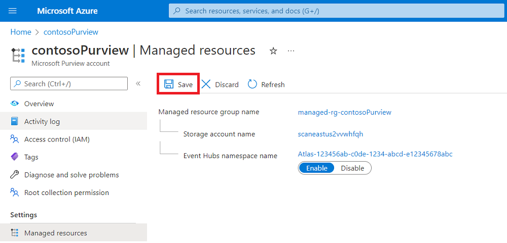 Screenshot showing the Managed resources page of the Microsoft Purview account page in the Azure portal with the save button highlighted.
