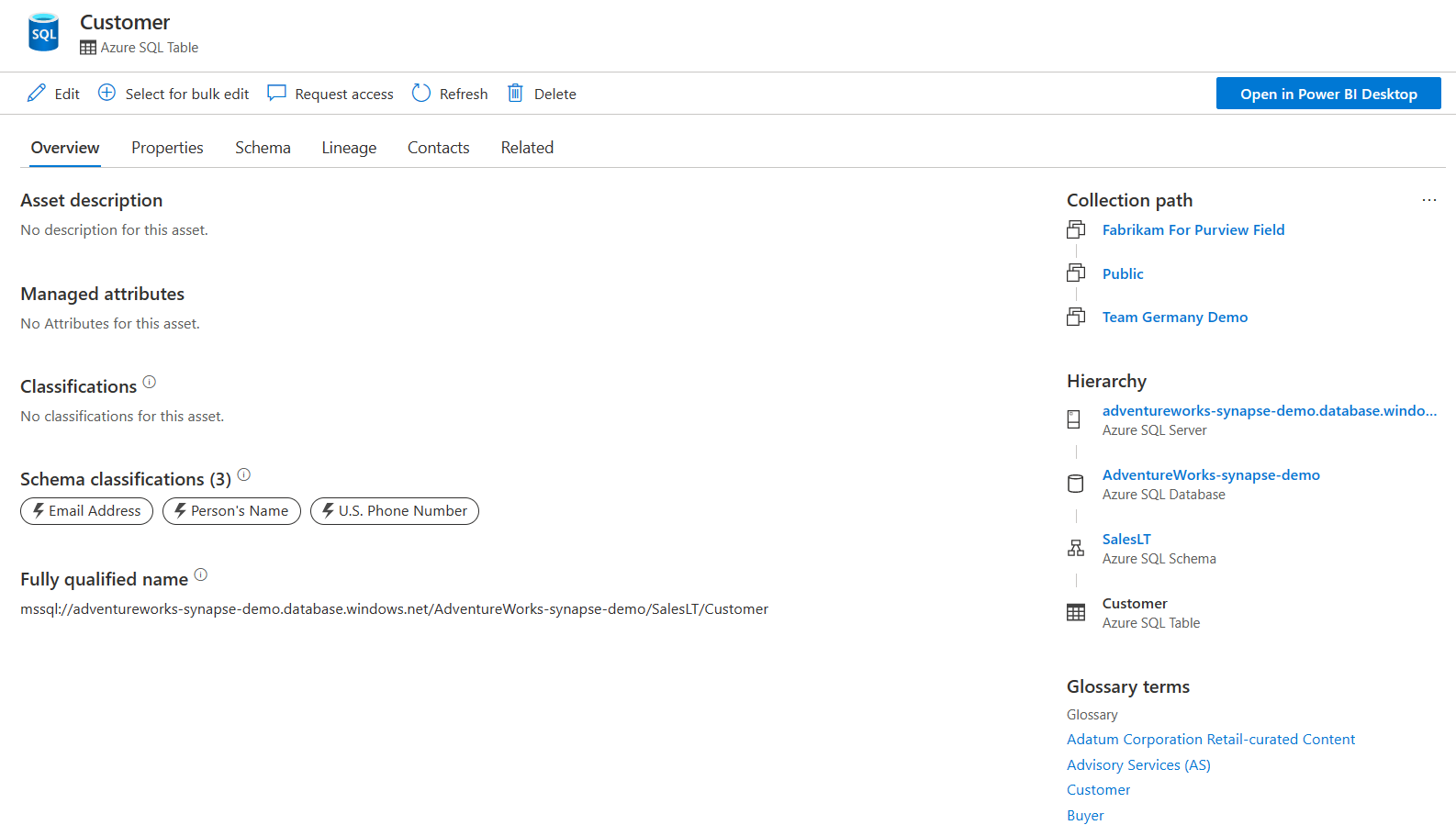 Screenshot that shows the classification of the 'Customers' table in Azure SQL Database.