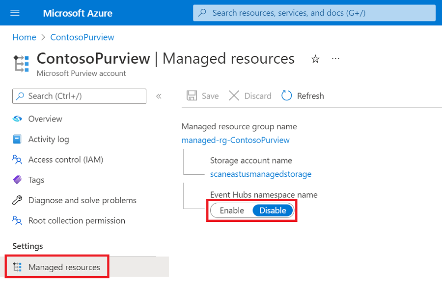 Screenshot showing the Event Hubs namespace toggle highlighted on the Managed resources page of the Microsoft Purview account page in the Azure Portal.
