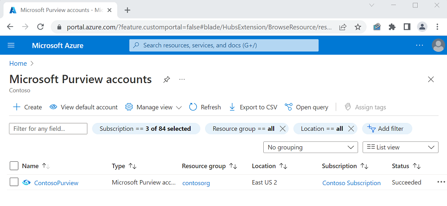 Screenshot showing the purview accounts page in the Azure portal