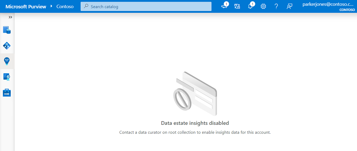 Screenshot of the Data Estate Insights section with Data Estate Insights disabled, showing no reports, and a message to contact your Data Curator to reinstate the reports.