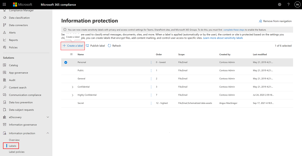 Create sensitivity labels in the Microsoft Purview compliance center