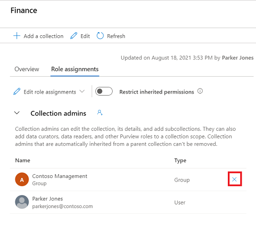 Screenshot of Microsoft Purview governance portal collection window, with the role assignments tab selected, and the x button beside one of the names highlighted.