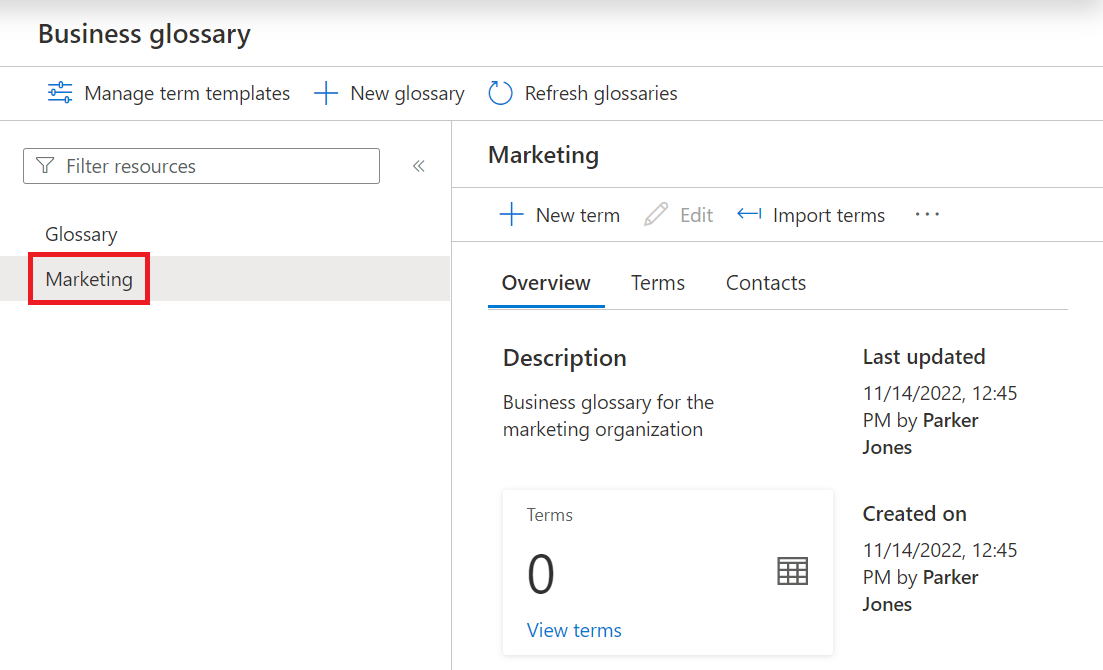 Screenshot showing the business glossary page, with the new glossary highlighted and selected.