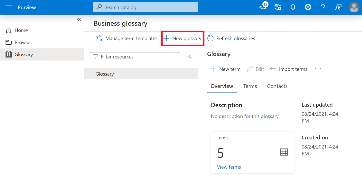 Screenshot of the button and pane for creating a new glossary.