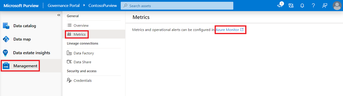 Screenshot to launch Microsoft Purview metrics from management center.