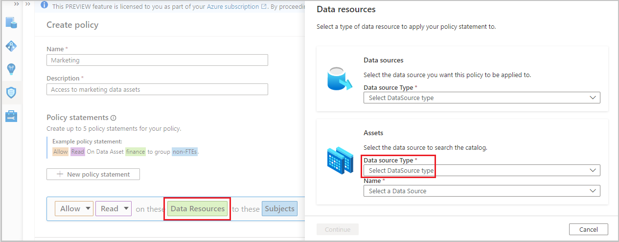 Screenshot showing the policy editor, with Data Resources selected, and Data source Type highlighted in the data resources menu.