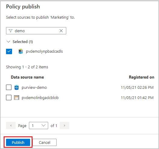 Screenshot showing with Policy publish menu with a data resource selected and the publish button highlighted.