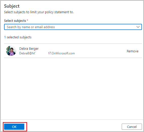 Screenshot showing data owner can select the subject when creating or editing a policy statement.