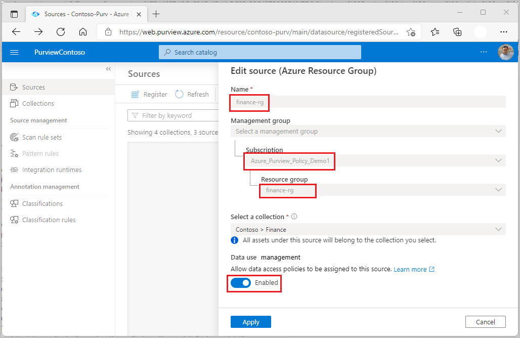 Screenshot shows how to register a resource group or subscription for policy by toggling the enable tab in the resource editor.