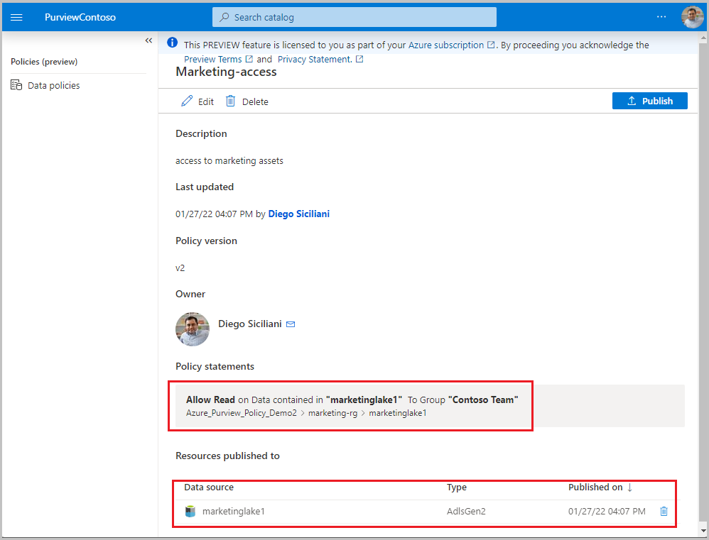 Screenshot that shows a sample data owner policy giving access to an Azure Storage account.