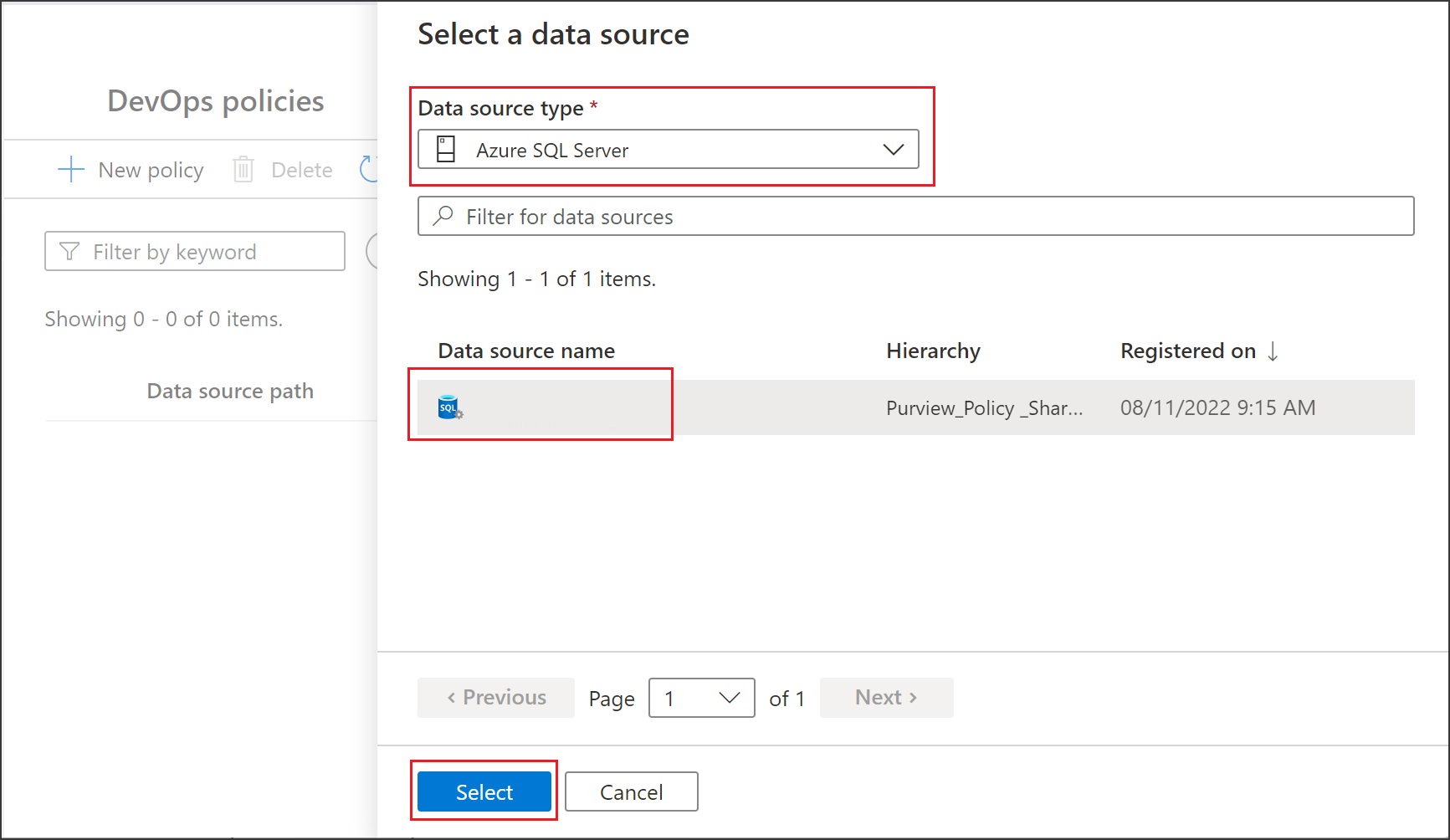 Screenshot shows to select a data source for policy.