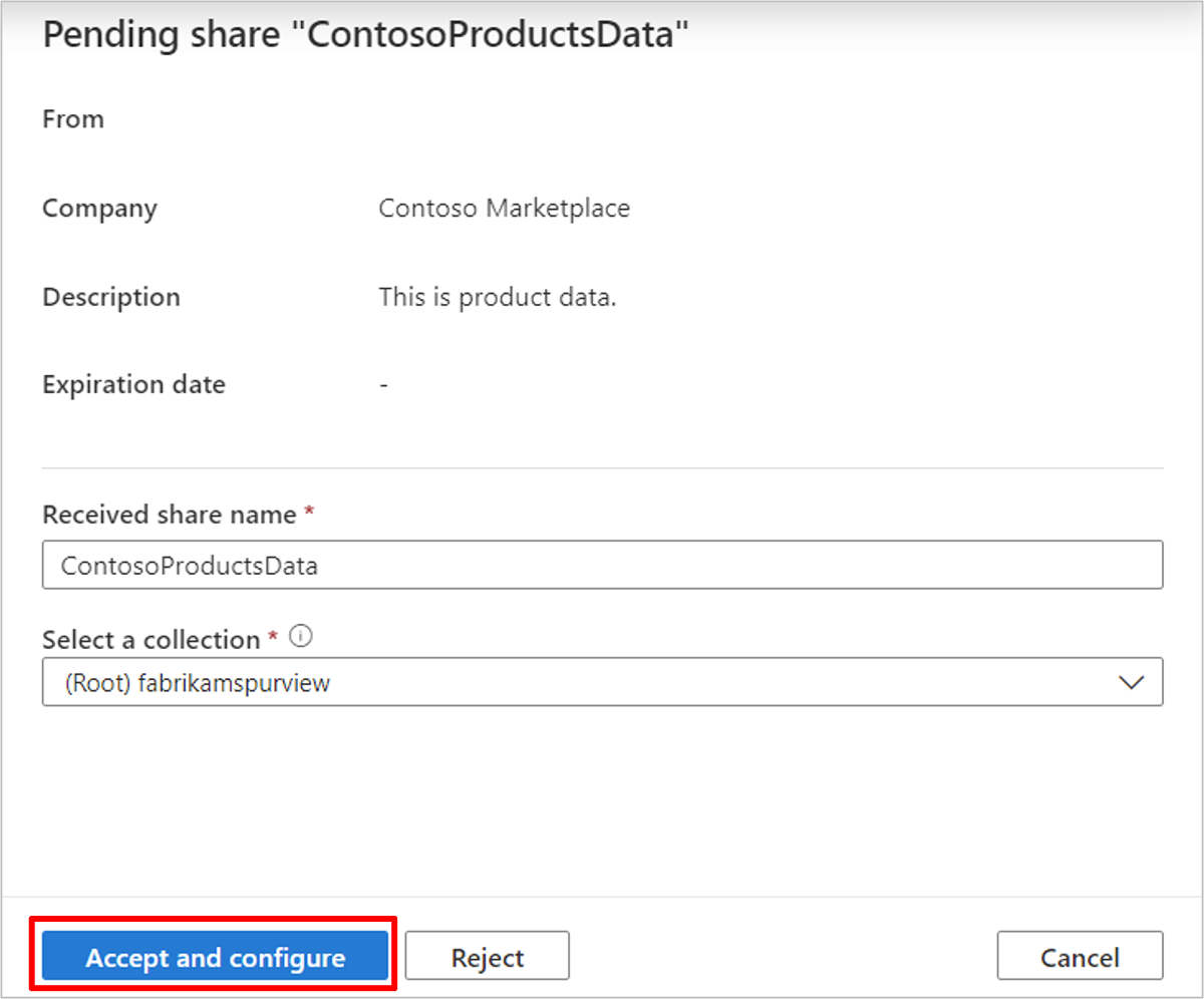 Screenshot showing pending share configuration page, with a share name added, a collection selected, and the accept and configure button highlighted.
