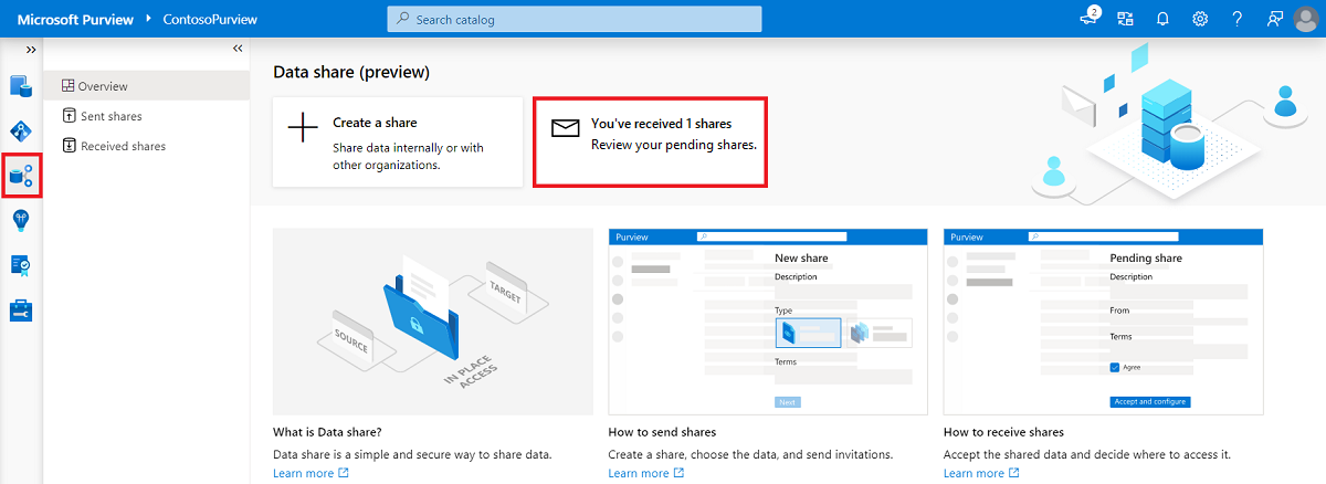 Screenshot showing pending received share button in the Microsoft Purview governance portal.