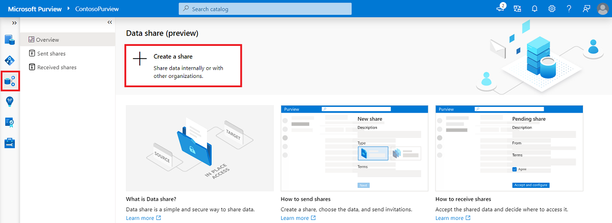 Screenshot showing the data share overview page in the Microsoft Purview governance portal.