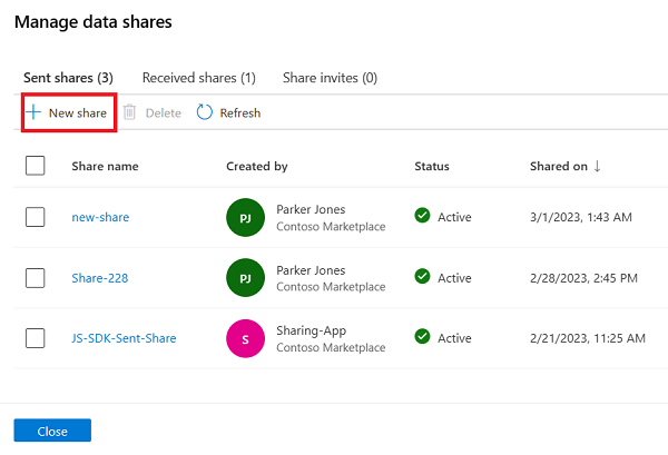 Screenshot of the Data Share management window with the New Share button highlighted.