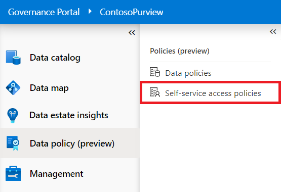 Screenshot of the Microsoft Purview governance portal open to the Data policy page with self-service access policies highlighted.