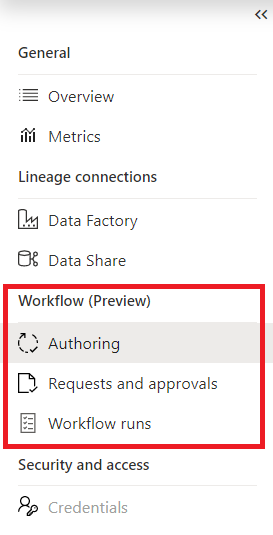Screenshot showing the management center left menu with the new workflow section highlighted.