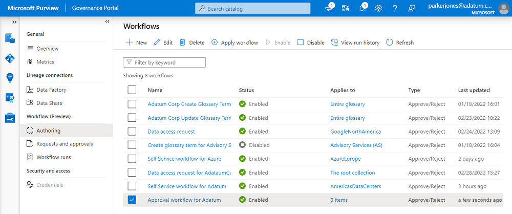 Screenshot showing the workflow authoring page, showing the newly created workflow listed among all other workflows.