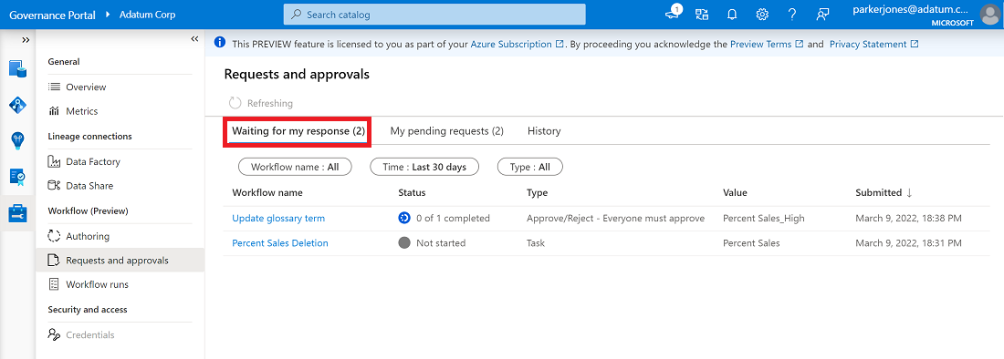 Screenshot showing requests and approvals page shown on the 'Waiting for my response' tab, with a list of requests awaiting responses from the user.