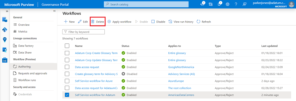 Screenshot that shows the workflow authoring page, with the Delete button highlighted on the top menu.