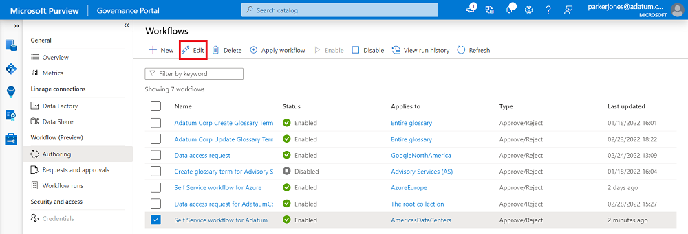 Screenshot that shows the workflow authoring page, with the Edit button highlighted on the top menu.