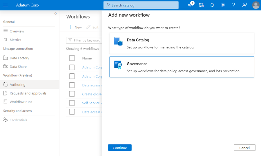Screenshot that shows the new workflow panel, with the Governance option selected.