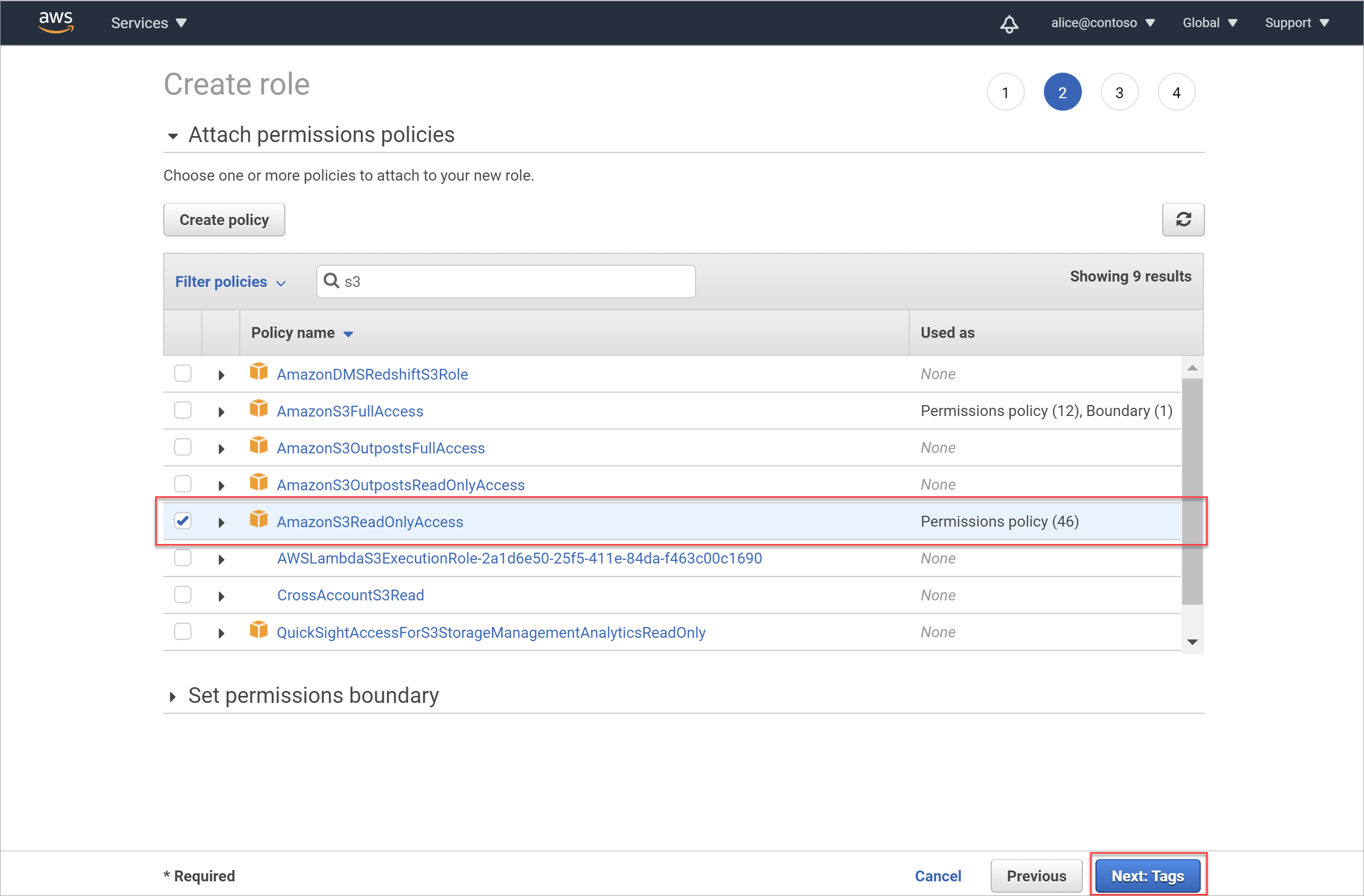 Select the ReadOnlyAccess policy for the new Amazon S3 scanning role.