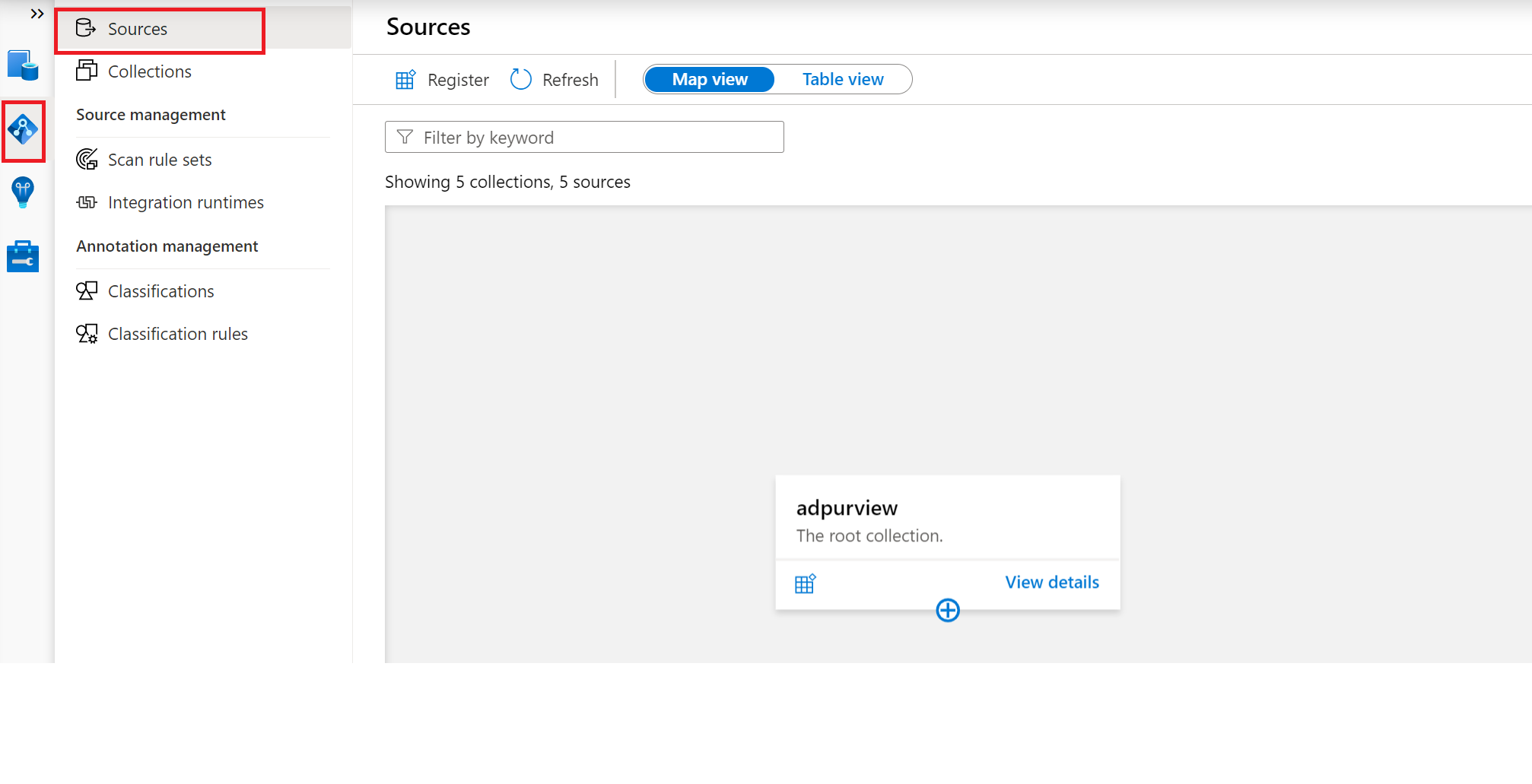 Screenshot that navigates to the Sources link in the Data Map