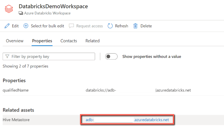 Screenshot of finding the associated Hive Metastore with Azure Databricks source.