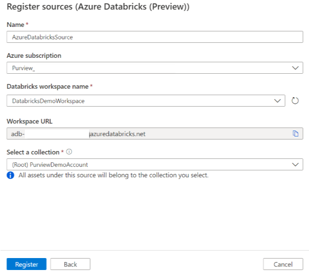 Screenshot of registering Azure Databricks source.