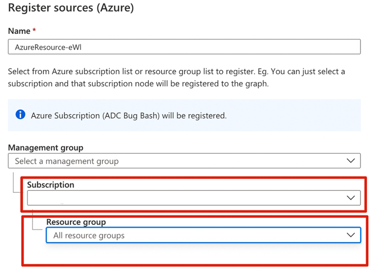 Screenshot that shows the boxes for selecting a subscription and resource group.