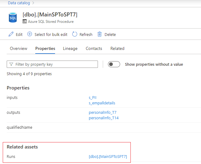 Screenshot that shows run details for stored procedure properties.