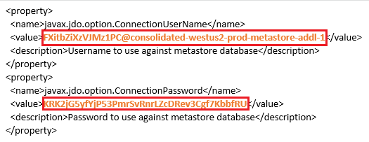 Screenshot that shows Azure Databricks username and password examples as property values.