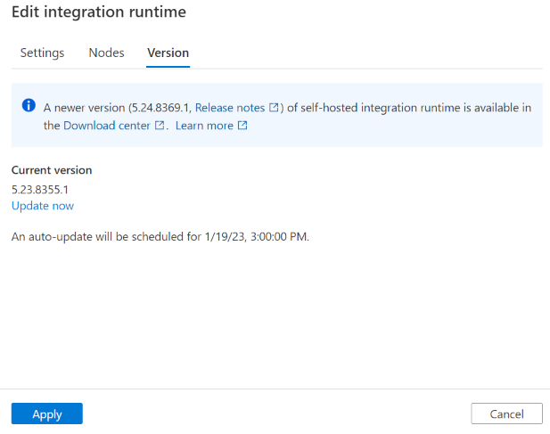 Screenshot of checking the self-hosted integration runtime version and trigger update.
