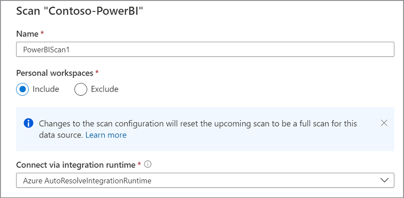 Screenshot that shows the Power BI scan setup, using Azure integration runtime for cross-tenant.