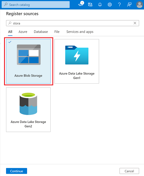 Screenshot that shows the tile for Azure Multiple on the screen for registering multiple sources.