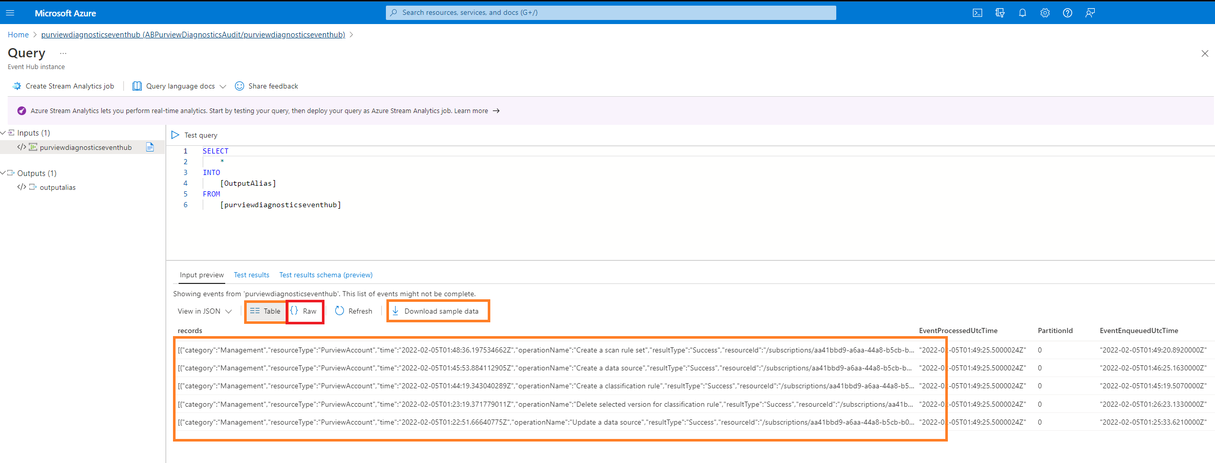 Screenshot that shows exploring Microsoft Purview audit events on Event Hubs.