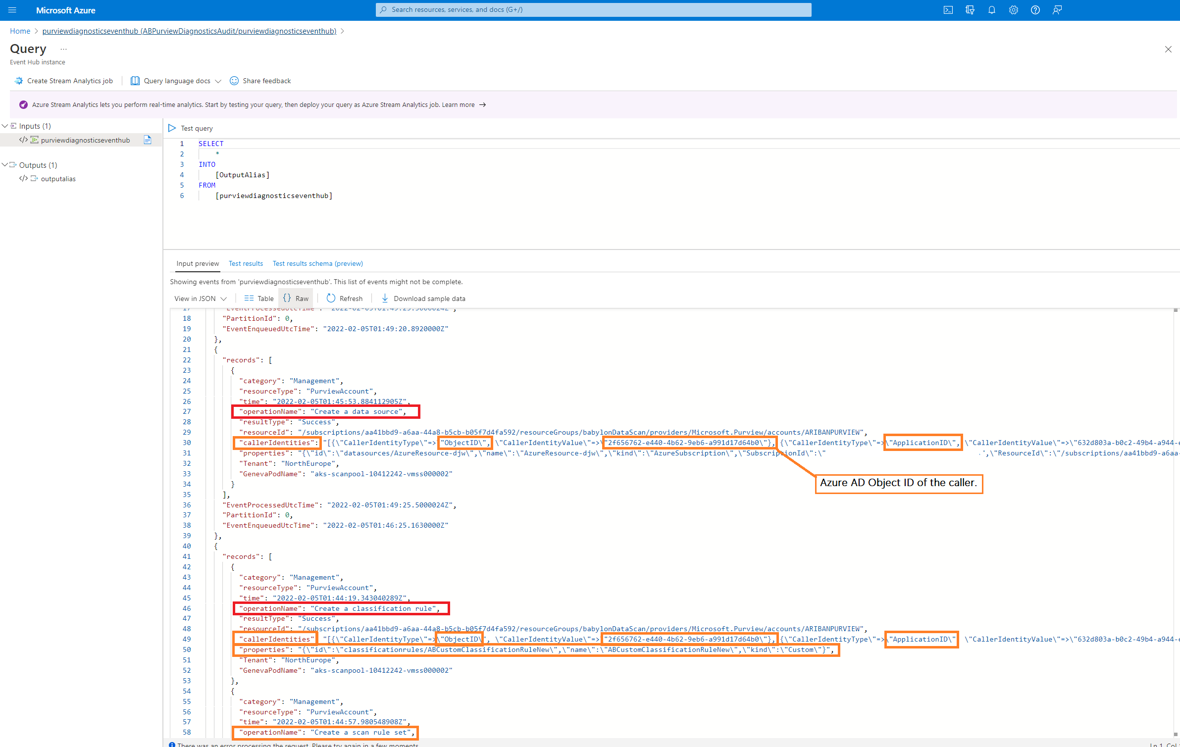 Screenshot that shows Query and Process Microsoft Purview Audit data on Event Hubs.