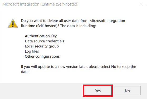 Screenshot of the 'Yes' button for deleting all user data from the integration runtime.