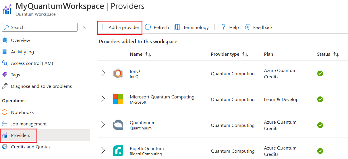 Screen shot showing how to select a provider to add to an Azure Quantum workspace.