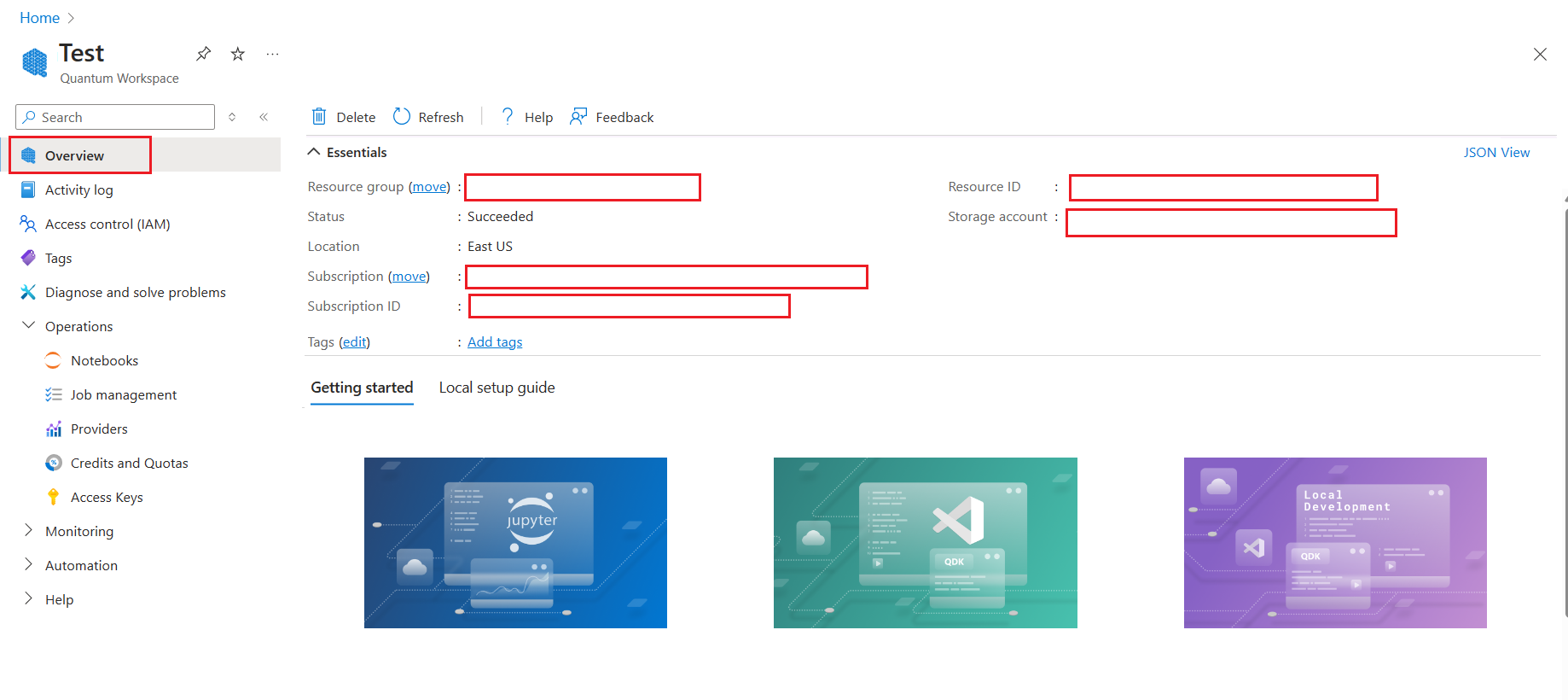 Screenshot of the overview blade of a workspace in Azure portal. Location and resource ID are marked inside a red rectangle.