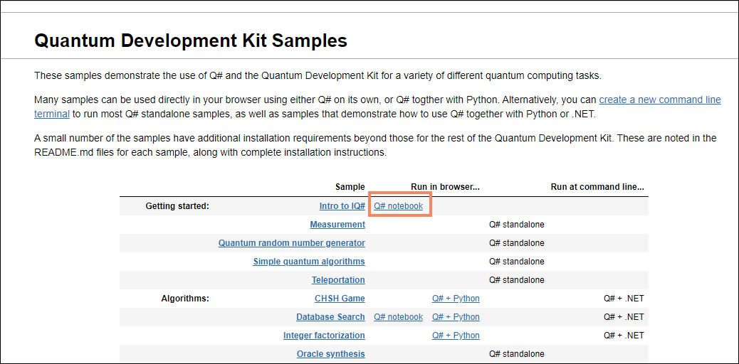 QDK samples overview - highlight Q# notebook link
